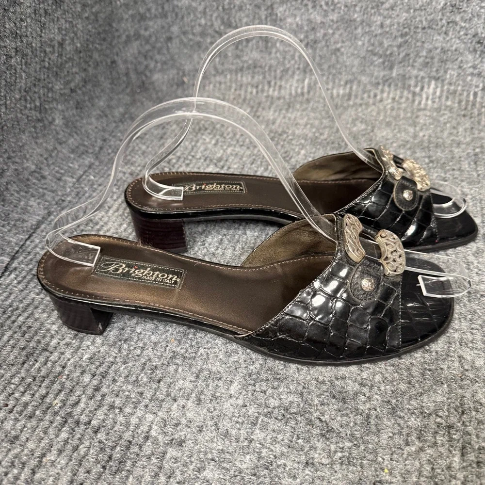 Vintage Brighton Lady Slide Sandals Womens 9 M Black Croc Leather Italy Ornate